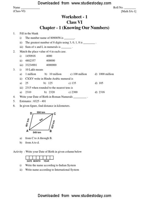 Knowing Numbers For Class 6 Worksheet