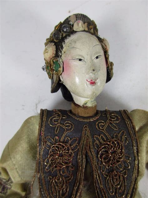 Antique Chinese Wood Painted Doll With Hand Made Silk Robe With Immortal Doll Painting Art