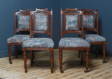 Attractive Set Of 4 Antique Victorian Carved Oak Dining Chairs For