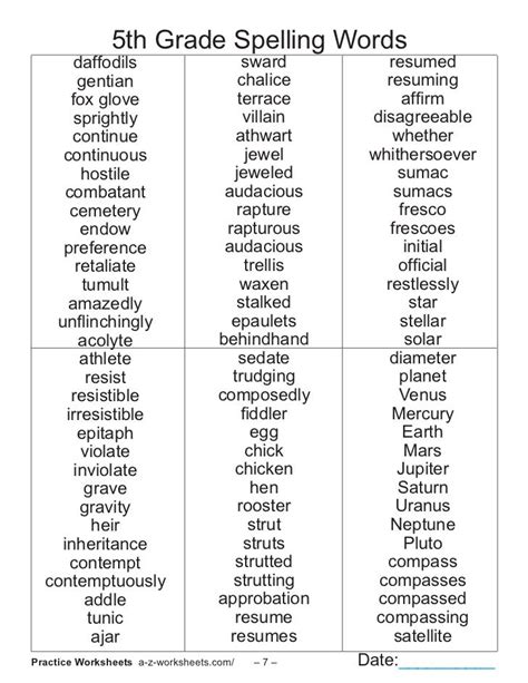 Vocabulary List For 5th Grade