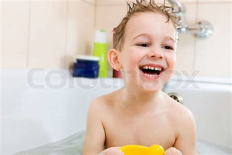 Happy Little Boy Bathing In Bathtub Stock Image Colourbox