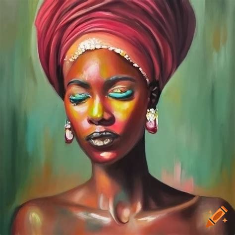 Oil Painting Of African Queen With Closed Eyes In Pink Green White