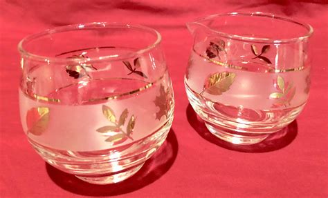 Libbey Glass Cream And Sugar Set Frosted Band With Gold Leaves And Gold Metal Serving Carrier