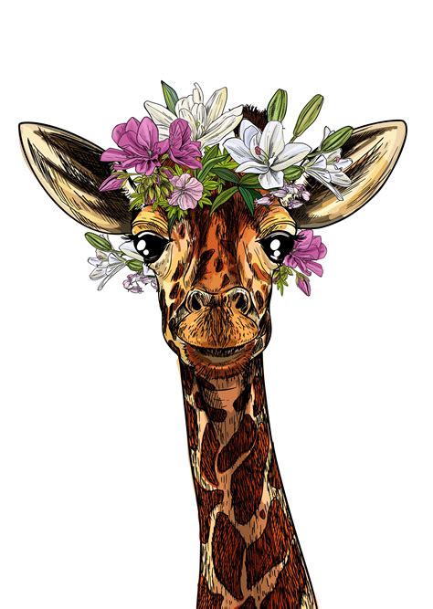 Portrait Of Cute Giraffe With Flowers On His Head Hand Drawn Vector