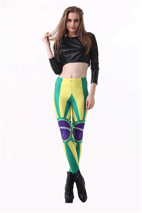 Fashion Women Flag Of Brazil Thematic Leggings Slim Fit Thin Elastic Polyester Cos Party Pants
