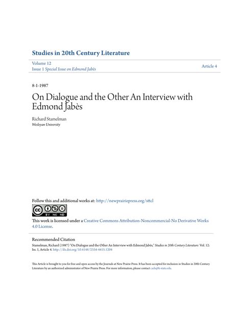 Pdf On Dialogue And The Other An Interview With Edmond Jabès