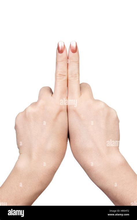 Gesture Two Index Fingers Of Female Hand Touching And Showing Up