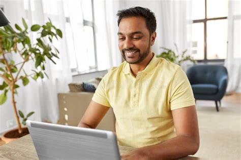 Indian Man With Laptop Working At Home Office Stock Image Image Of