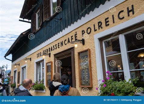 View Of A Cafe Restaurant In Hallstatt Village On High Alps Mountains
