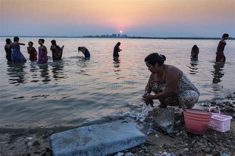 Myanmar Morning Bath Inside Irrawaddy River Editorial Stock Photo