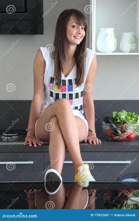 Young Woman In Modern Kitchen Stock Image Image Of Grey Style 75952681