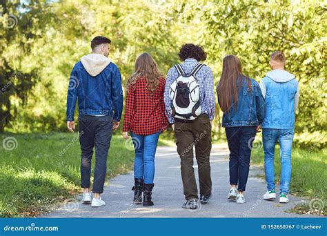 Back View Friends Walk In The Park Stock Image Image Of People
