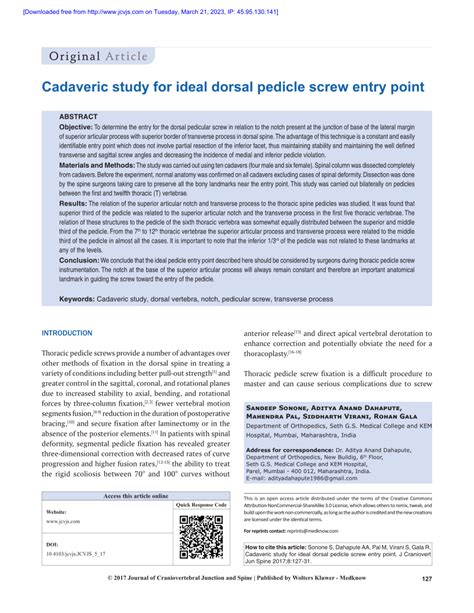 PDF Cadaveric Study For Ideal Dorsal Pedicle Screw Entry Point