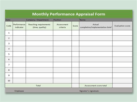 Excel Of Monthly Performance Appraisal Formxlsx Wps Free Templates