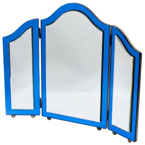 Edwardian Blue Glass Framed Triple Fold Dressing Table Mirror Blue