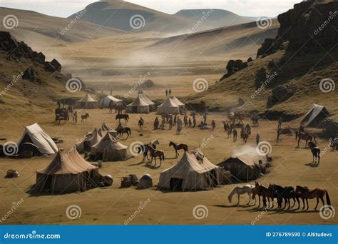 Nomadic Tribe In Dramatic Landscape With Horses And Tents Visible