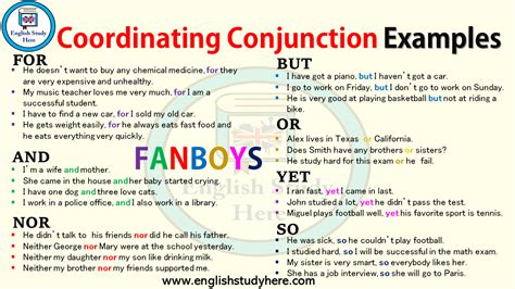Understand them, and practice using them in properly constructed sentences. Coordinating Conjunction Examples - English Study Here