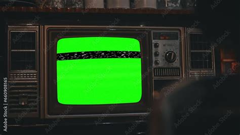 Old Tv Set Green Screen Statics Vintage Television Tilt Up Vintage