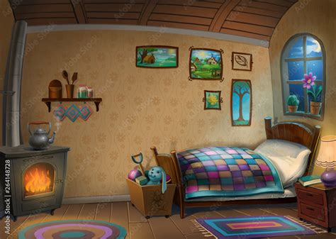 Interior Of Rural House Cartoon Illustration Background Stock