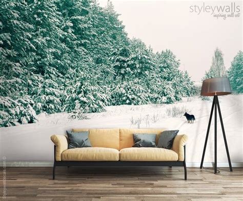 Snow Mural Pine Trees Mural Winter Forest Trees Mural Etsy In 2021