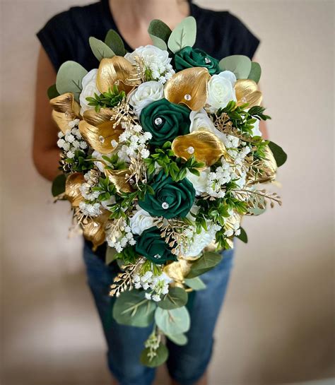 Elegant Cascading White Emerald Green Gold Bridal Bouquet Etsy