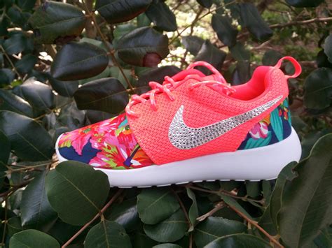 Custom Womens Nike Roshe Run Floral Athletic Shoes Coral Color