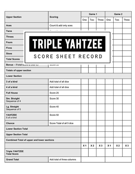 Triple Yahtzee Score Record Triple Yahtzee Game Record Keeper Book Triple Yahtzee Scoresheet