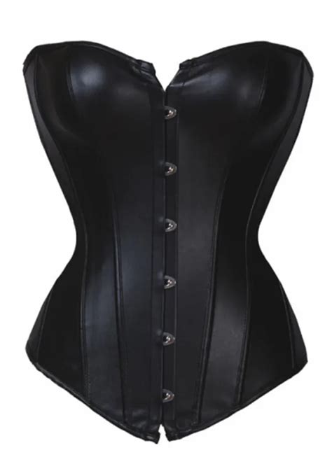 Sexy Black Overbust Bonded Faux Leather Corset Top Basque Waist Corsets And Bustiersleather