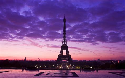 Wallpaper Eiffel Tower Purple Sky Clouds Night City France