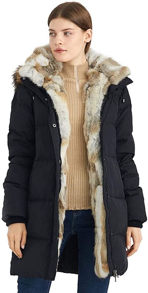 Escalier Womens Down Coat With Real Raccoon Fur Hooded Parka Jacket