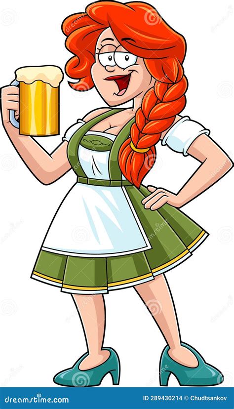 oktoberfest girl cartoon character in traditional bavarian clothes holding a beer glass stock