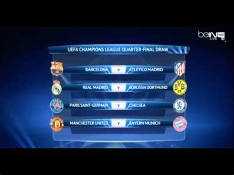 The first team drawn plays its first match at home against the second team drawn. Draw for the Quarter Finals of the Uefa Champions League ...