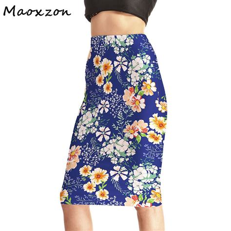 Maoxzon Womens High Waist Blue Digital Print Pencil Skirts Female