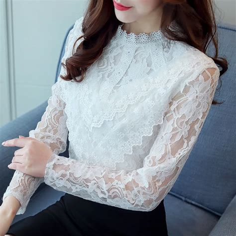 Buy 2017 Autumn Long Sleeve Solid White Lace Blouses