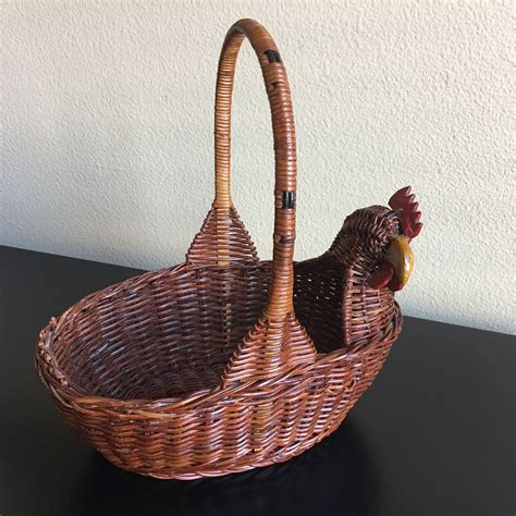 Vintage Rooster Wicker Basket Rooster Basket Wicker And Wood Rooster Home Decor Basket