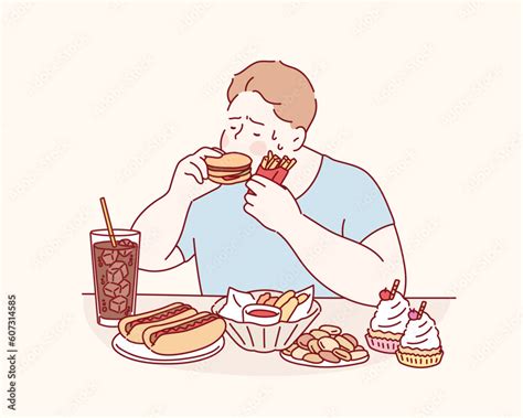 Fat Man Hungry And Eat A Junk Food On The Table This Image Can Use For