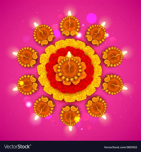 Decorated Diwali Diya On Flower Rangoli Royalty Free Vector