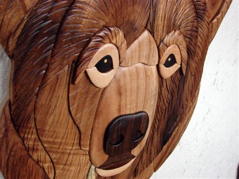 Large Solid Wood Intarsia Inlaid Grizzly Kodiak Bear Head Wall Hanging