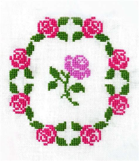 Easy Beginners Cross Stitch Pattern Roses Pink White Linen Learn