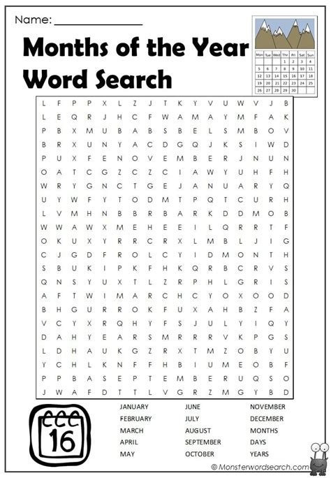 Months Of The Year Word Search Monster Word Search