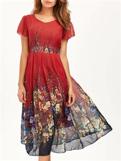2018 Casual Bohemian Floral Flowy Midi Dress In Red L