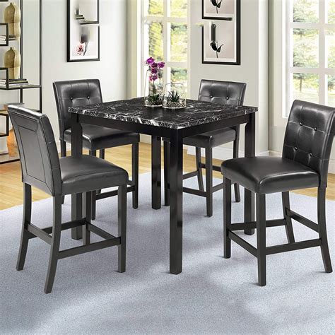 Wooden Dining Table Set With 4 Chairs Faux Marble Top Dining Table And