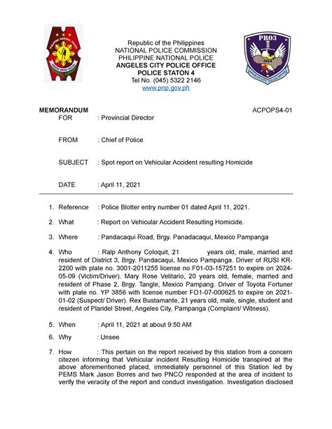 Spot Report Format Republic Of The Philippines National Police