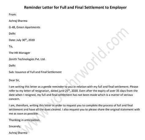 Full And Final Settlement Letter Template F Vrogue Co