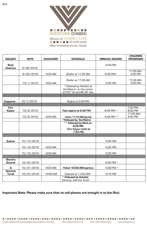 Schedule Of Services Aventura Chabad
