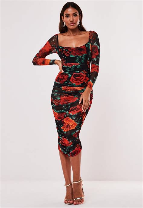 Missguided Black Floral Mesh Ruched Long Sleeve Midi Dress In 2020