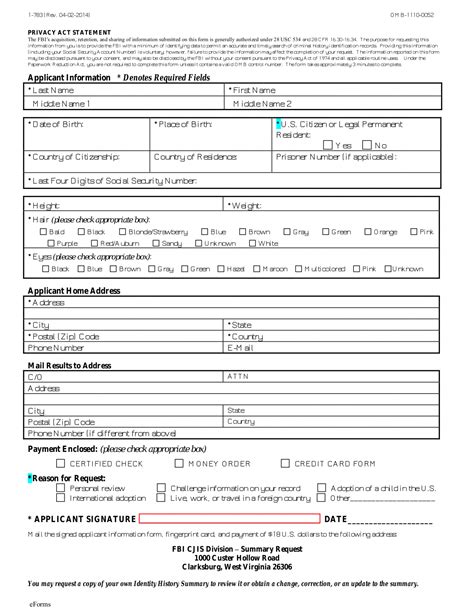 Free Fbi Criminal Background Check Form 1 783 Pdf Eforms