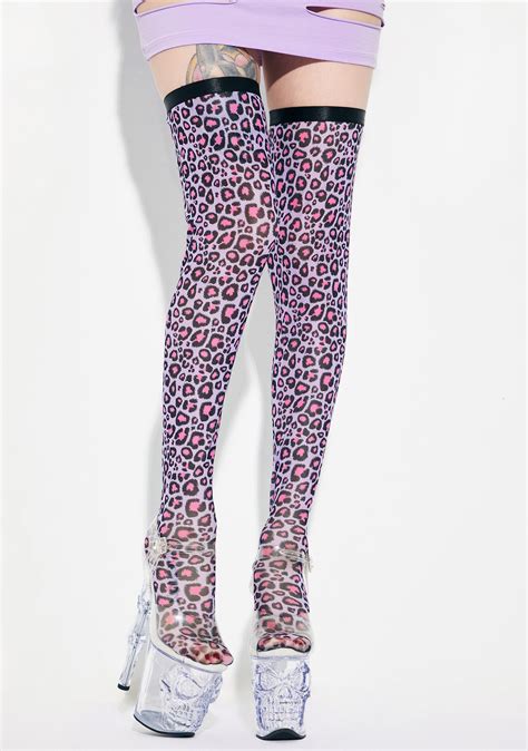 Current Mood Thigh High Mesh Cheetah Print Stockings Black Purple