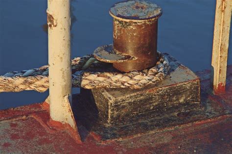 A Mooring Bollard From An Old Barge And Ropes Stock Image Image Of