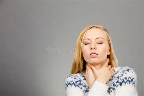 Woman Having Sore Throat Feeling Pain Stock Photo Image Of Patient